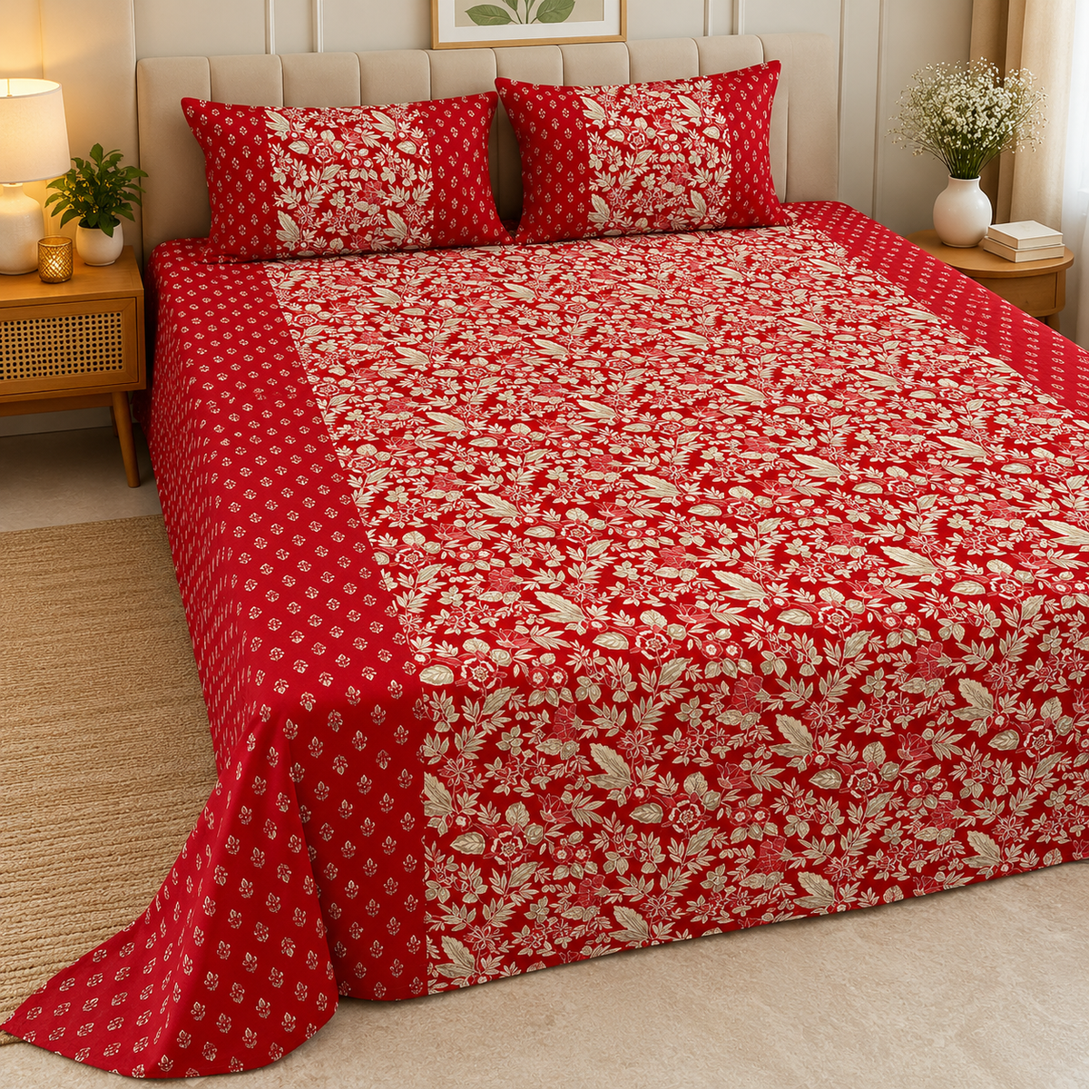 Ajrak Royal Crimson Heritage Floral Printed King Size Bedsheet