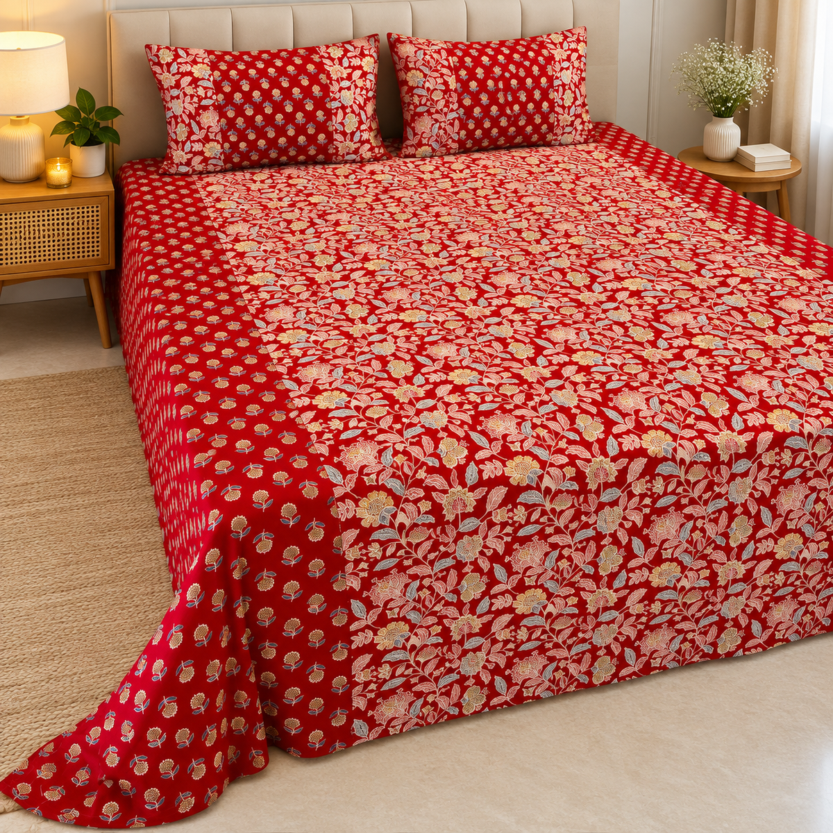 Ajrak Royal Mustard Yellow Floral Heritage Printed King Size Bedsheet