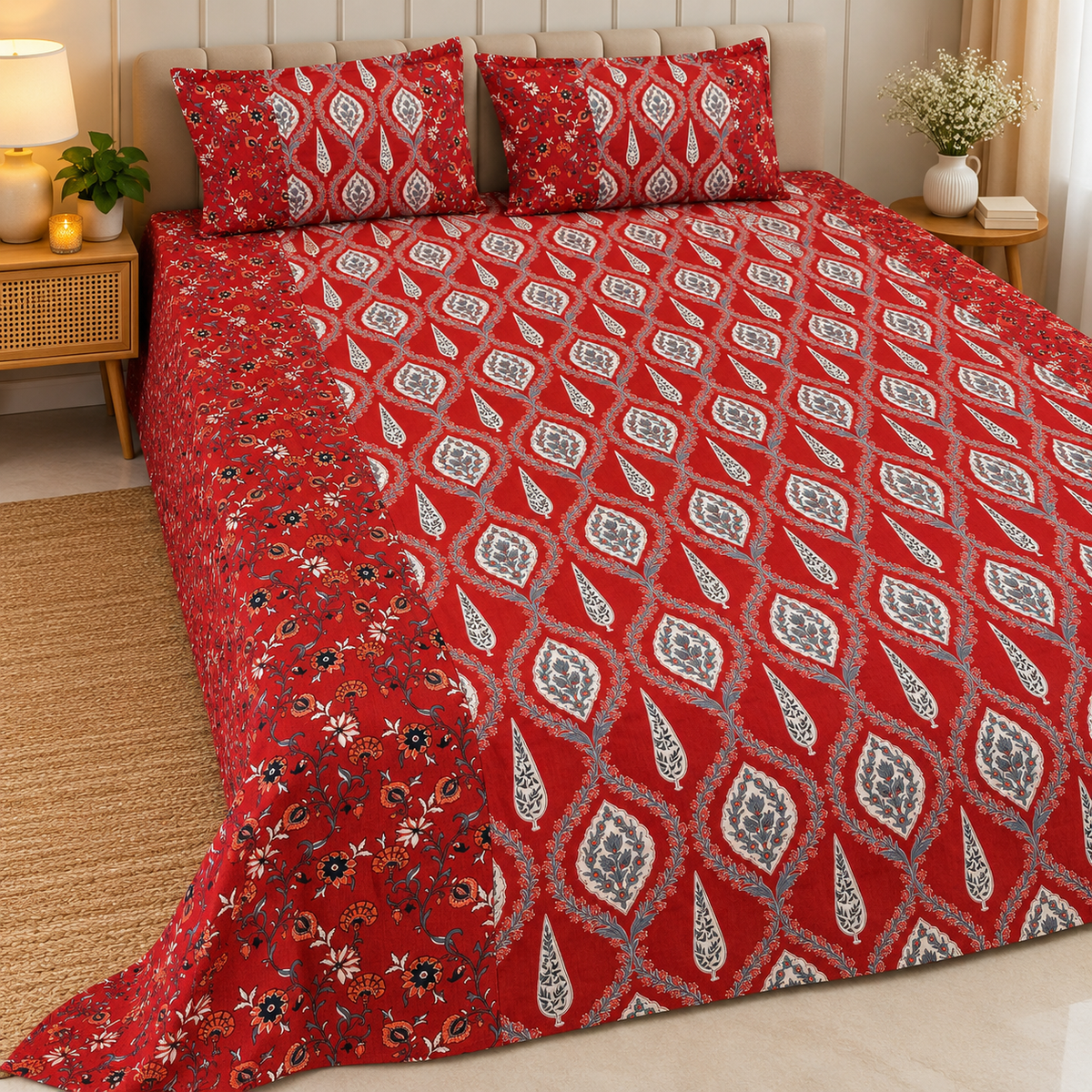 Ajrak Royal Crimson Paisley Heritage Printed King Size Bedsheet