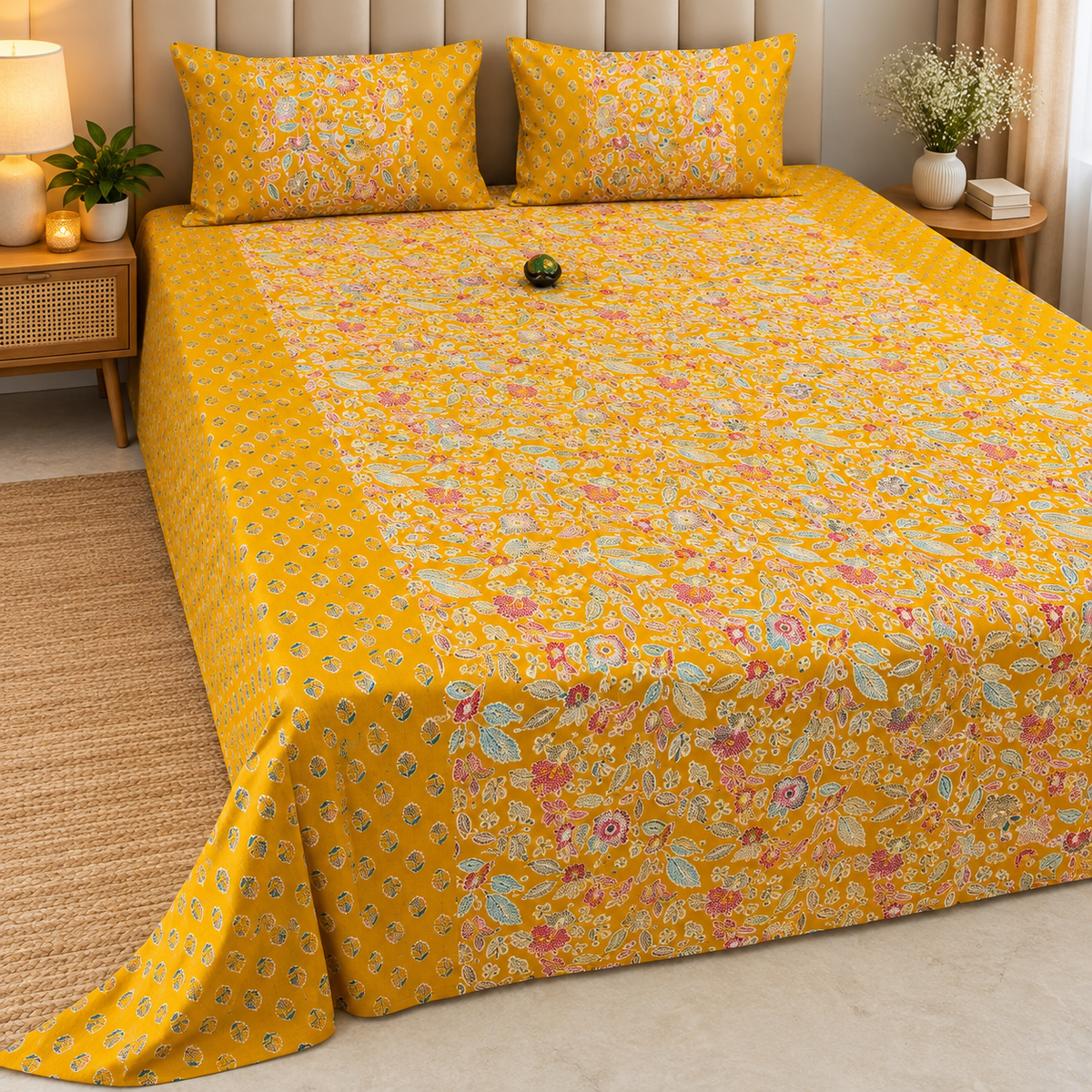 Ajrak Golden Yellow Floral Heritage Printed King Size Bedsheet