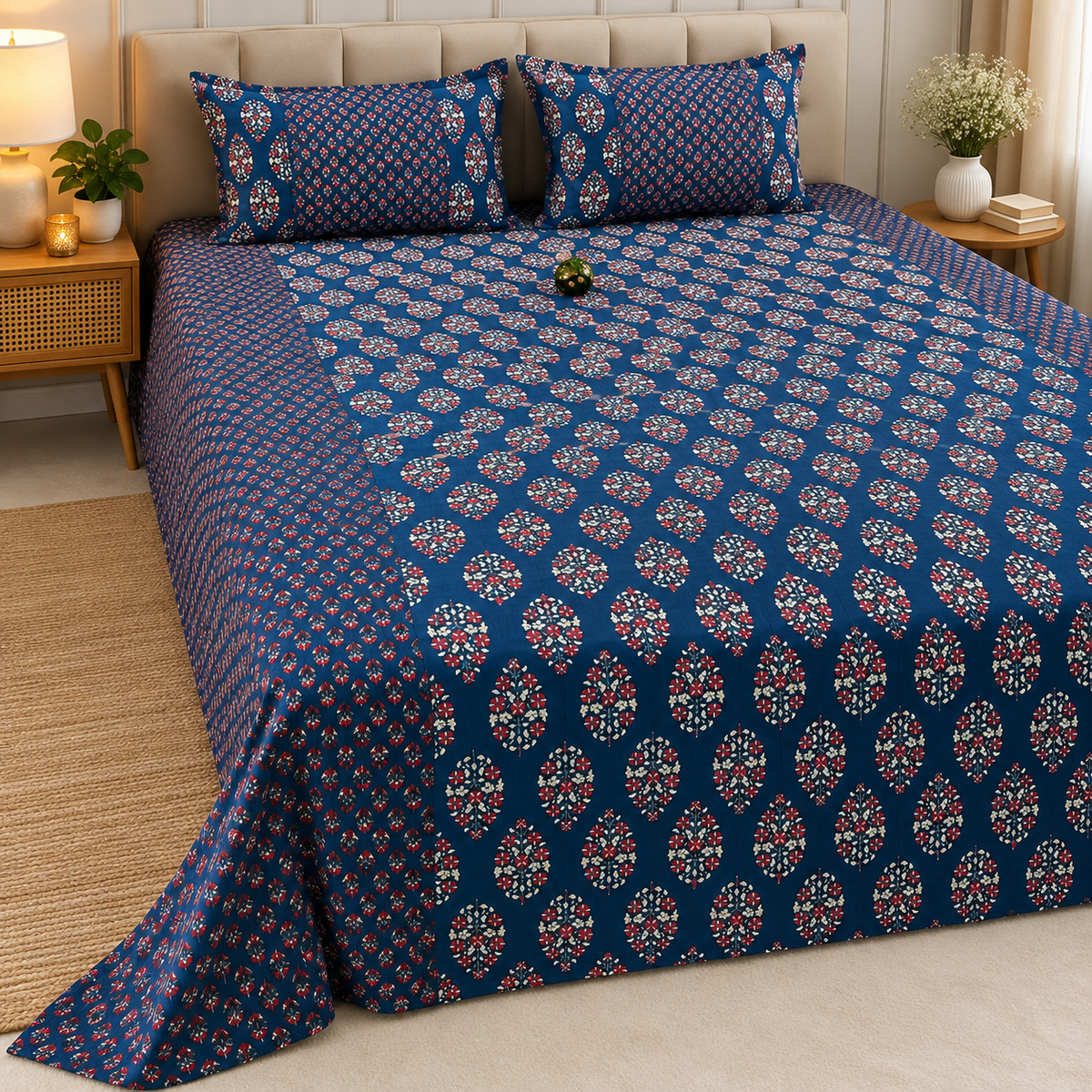 Ajrak Royal Navy Blue Floral Heritage Printed King Size Bedsheet