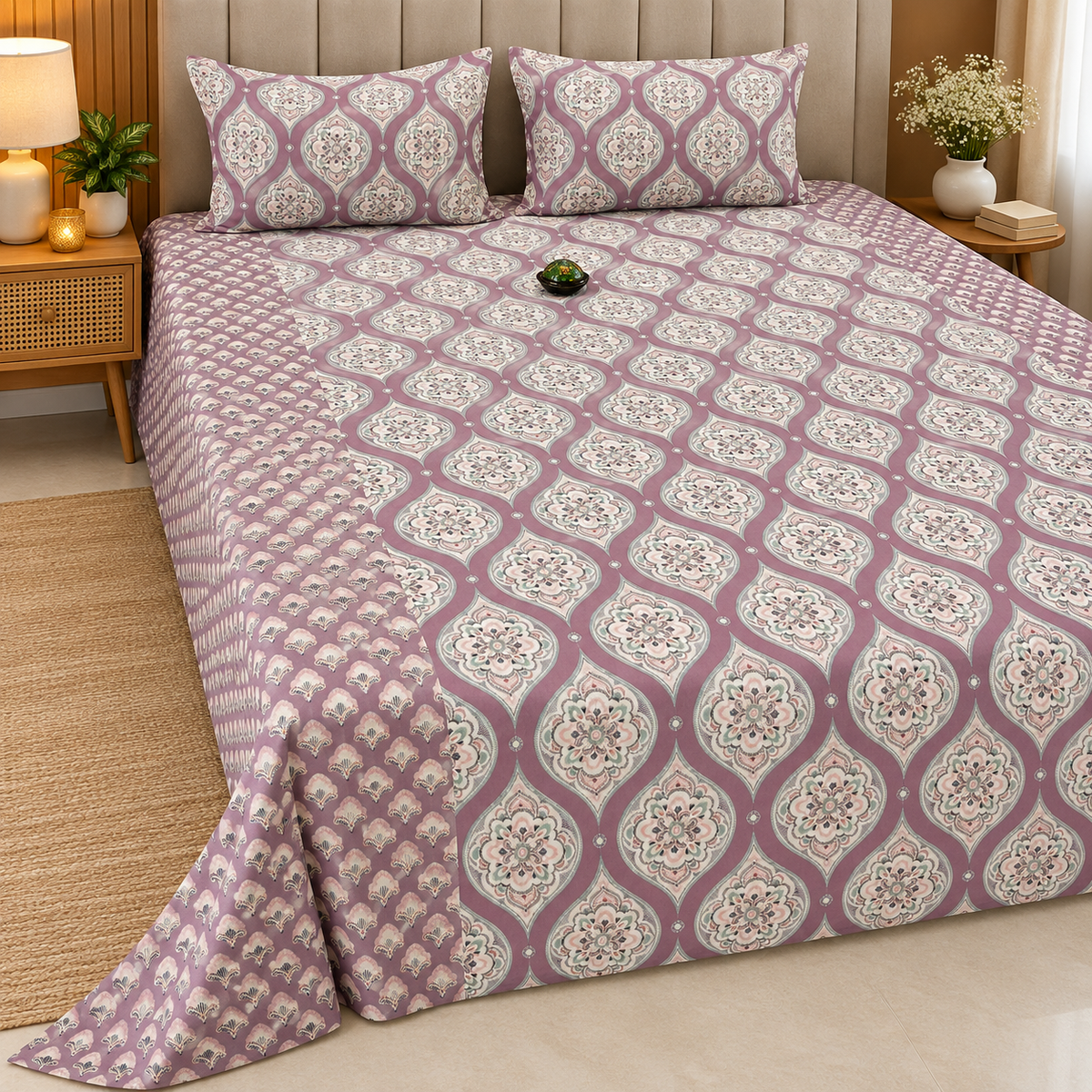 Ajrak Royal Mauve & Ivory Heritage Floral Printed King Size Bedsheet