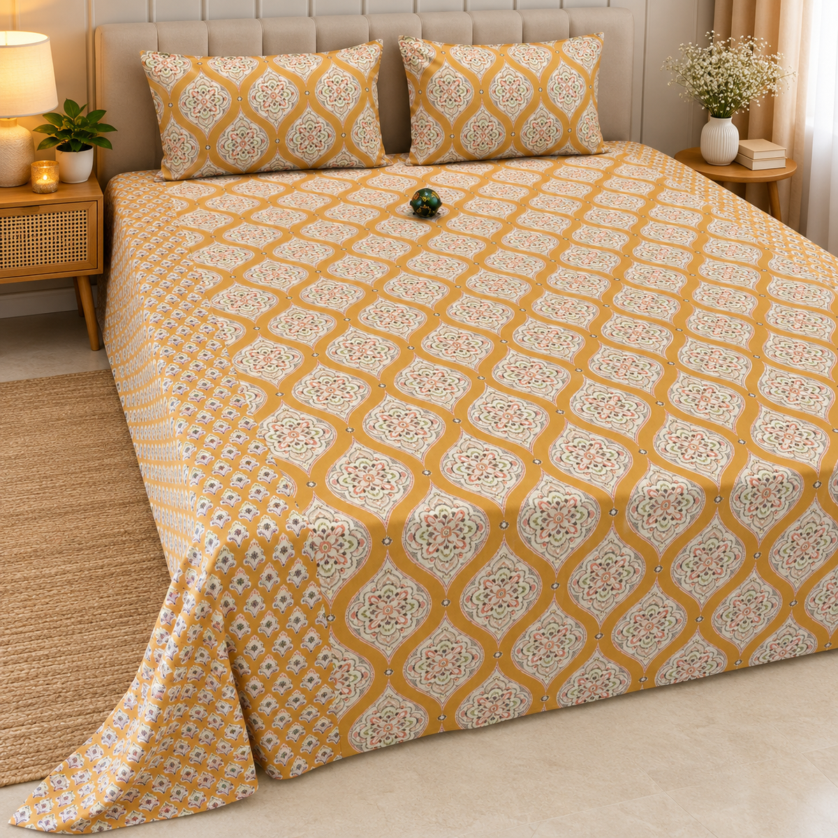 Ajrak Royal Mustard Yellow Heritage Floral Printed King Size Bedsheet