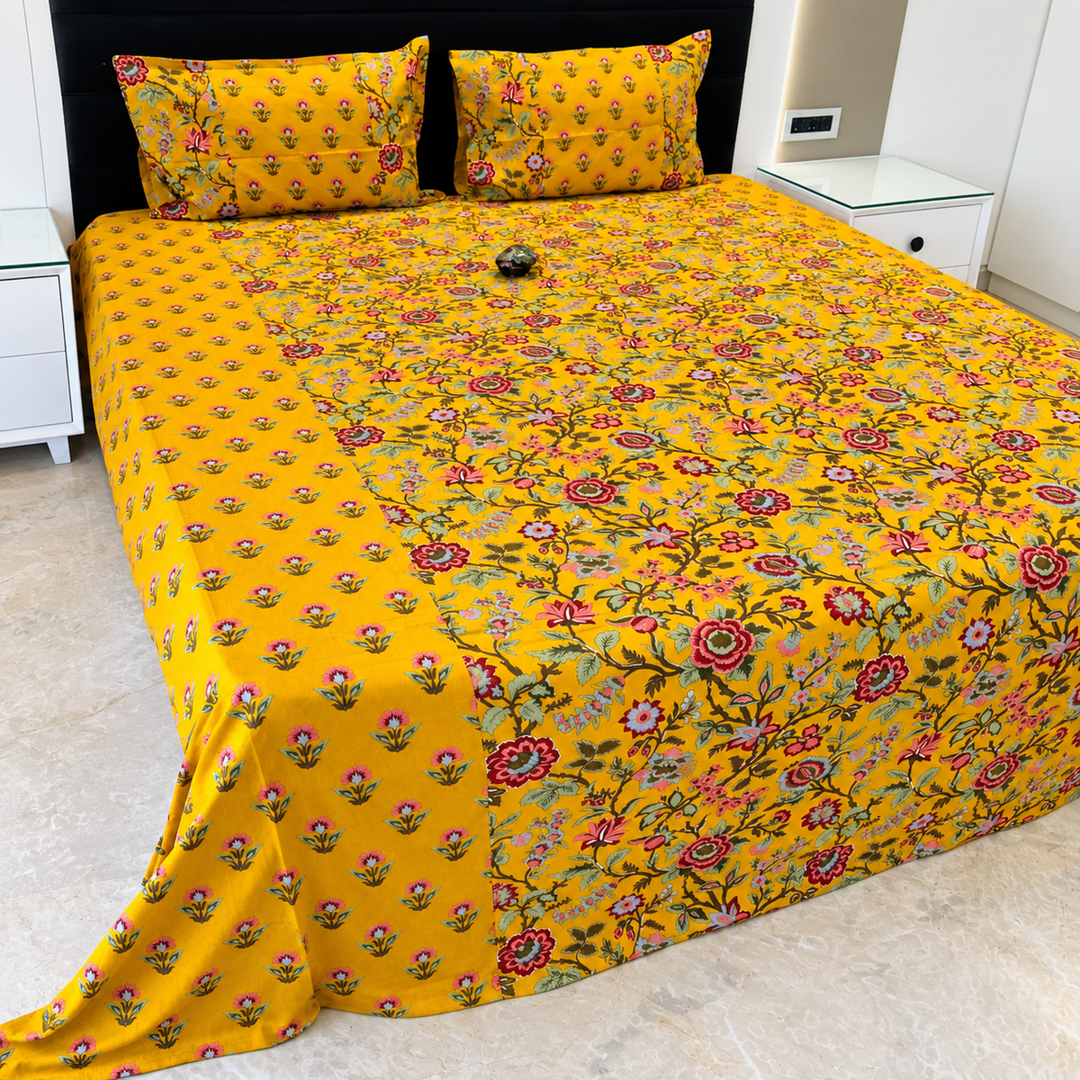 Ajrak Royal Golden Yellow Floral Heritage Printed King Size Bedsheet