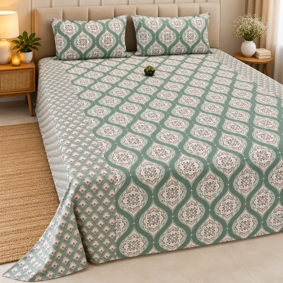 Ajrak Royal Sage Green & Ivory Heritage Floral Printed King Size Bedsheet