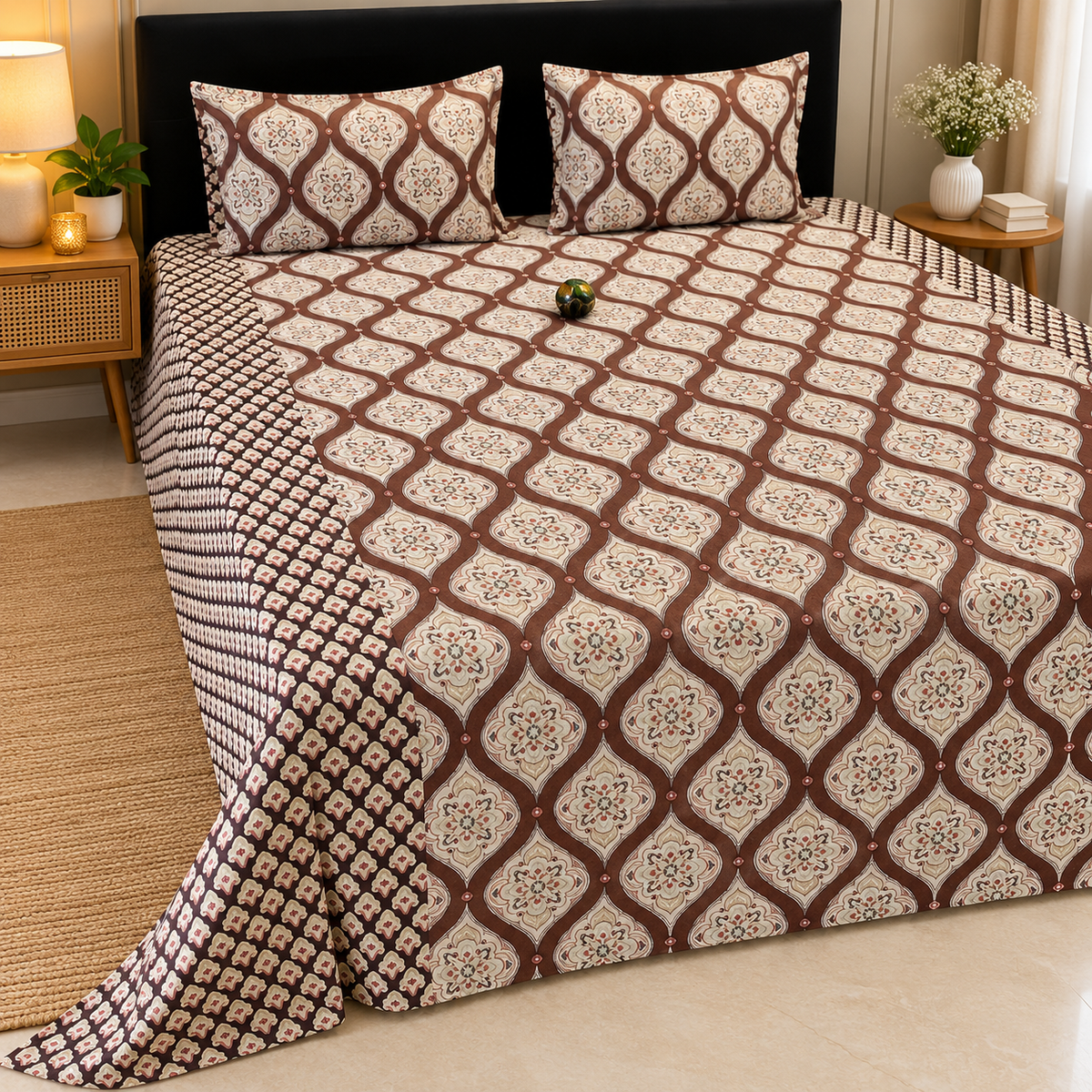 Ajrak Royal Chocolate Brown & Ivory Floral Heritage Printed King Size Bedsheet