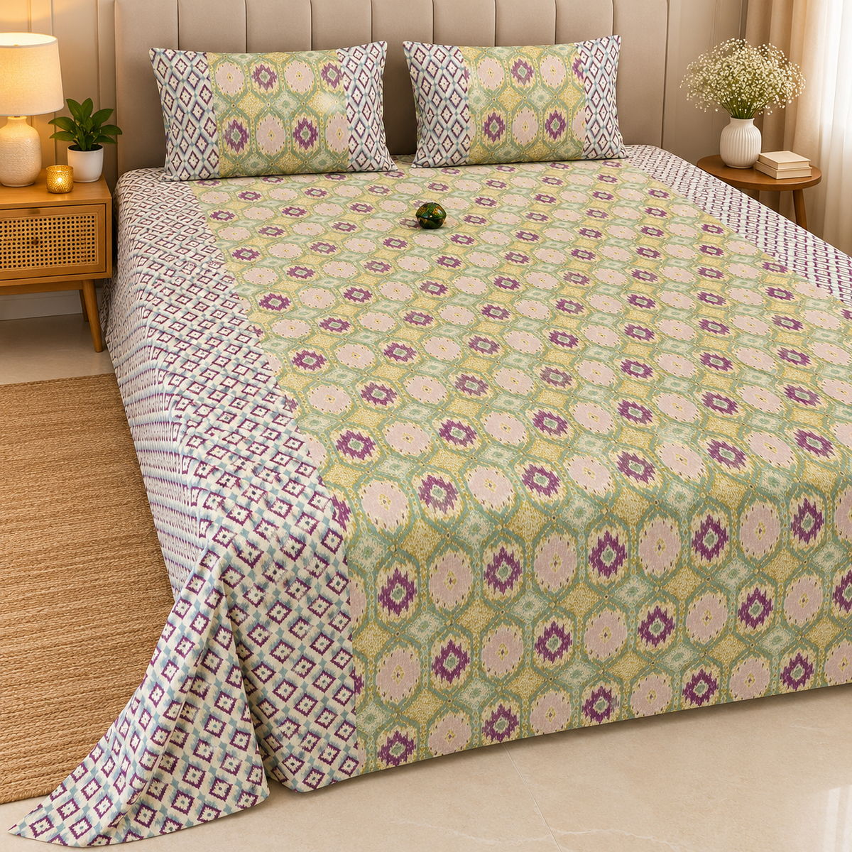 Ajrak Royal Sage Green & Plum Floral Heritage Printed King Size Bedsheet