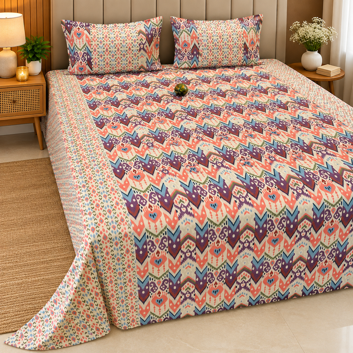 Ajrak Royal Multicolor Geometric Heritage Printed King Size Bedsheet