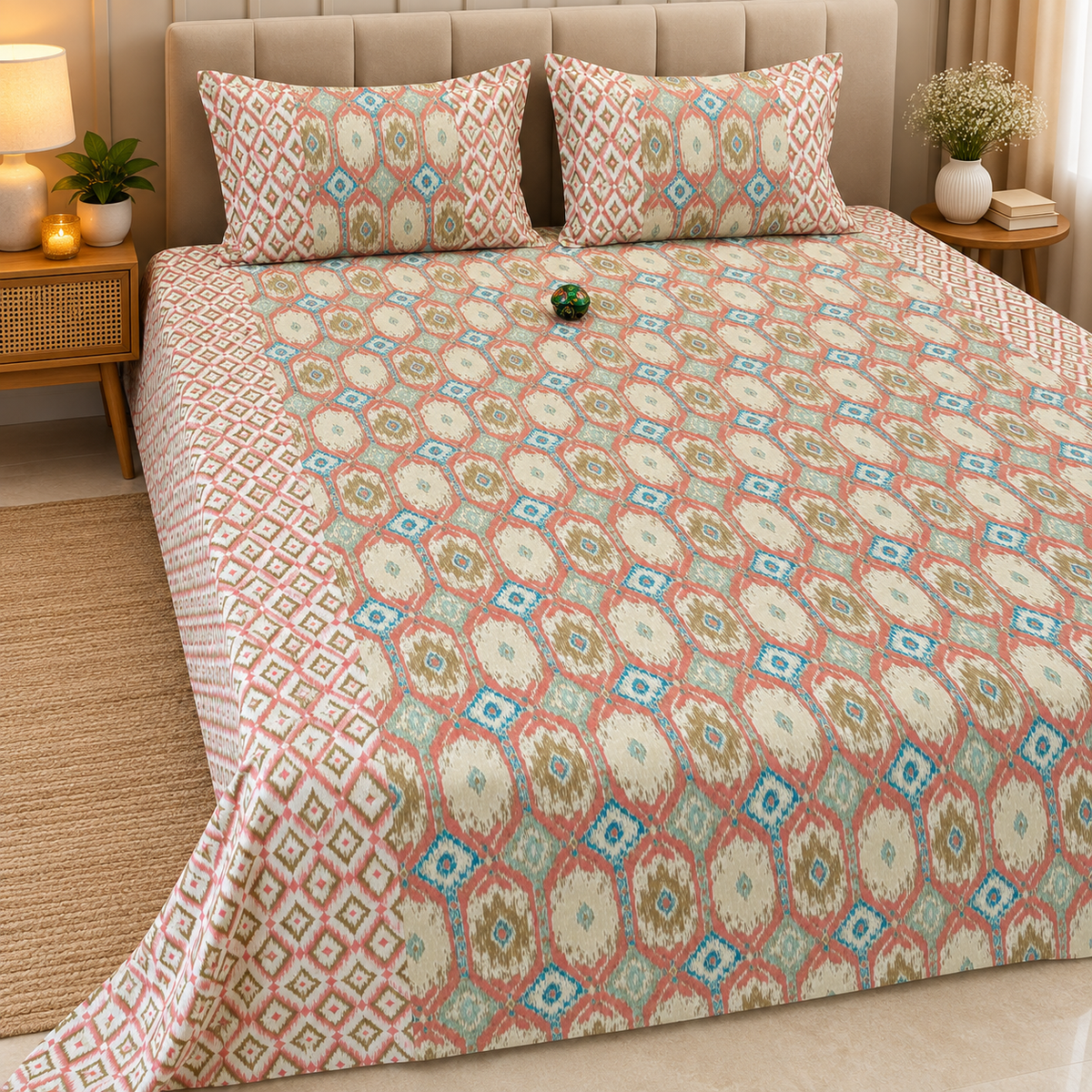 Ajrak Royal Peach & Aqua Blue Geometric Heritage Printed King Size Bedsheet