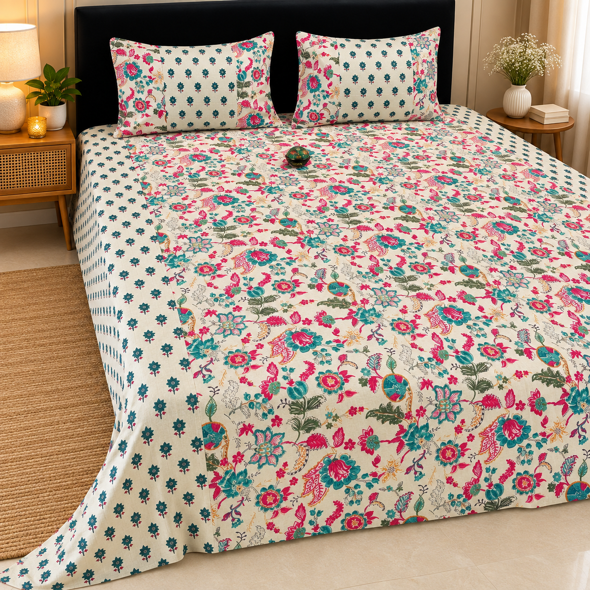 Ajrak Royal Ivory & Teal Floral Heritage Printed King Size Bedsheet