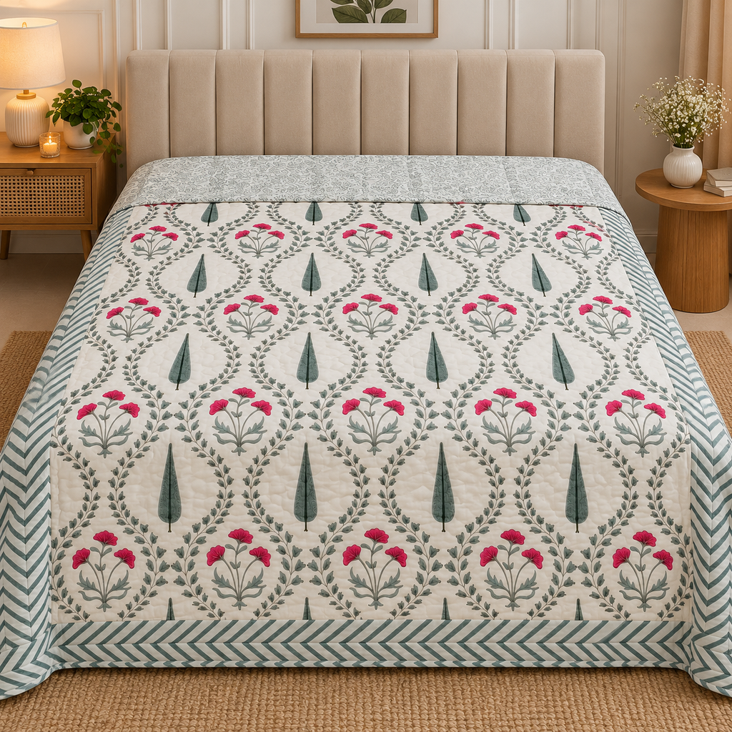 Chand Mahal Elegant Pink & Green Floral Printed Double Bed Pure Mul Mul Cotton AC Quilt