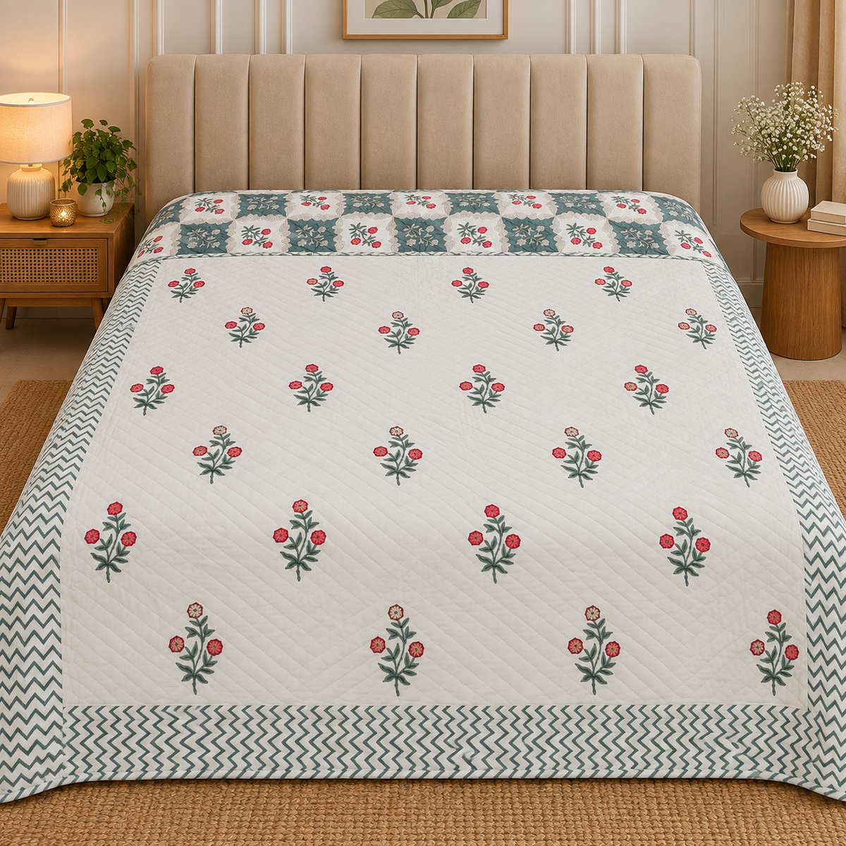 Chand Mahal Elegant White & Green Floral Printed Double Bed Pure Mul Mul Cotton AC Quilt