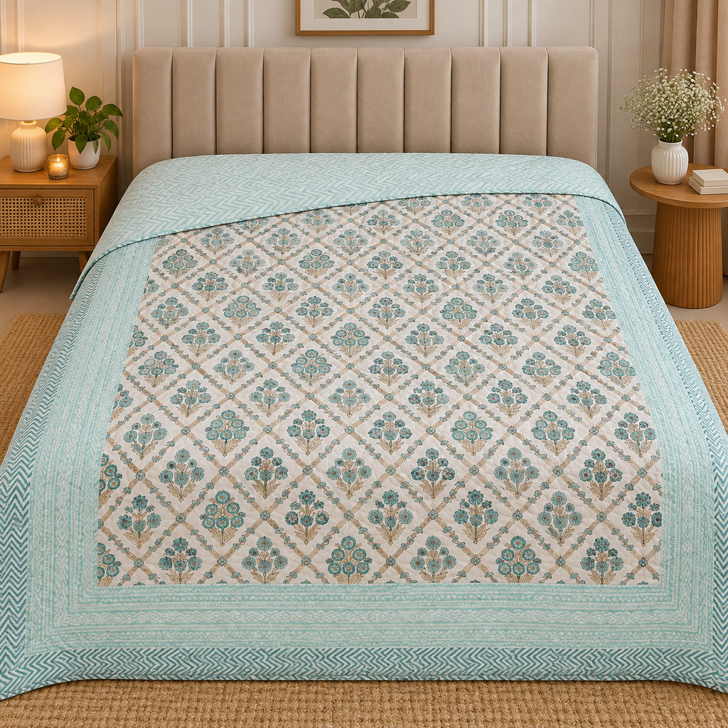 Chand Mahal Elegant Ivory & Aqua Blue Floral Printed Double Bed Pure Mul Mul Cotton AC Quilt