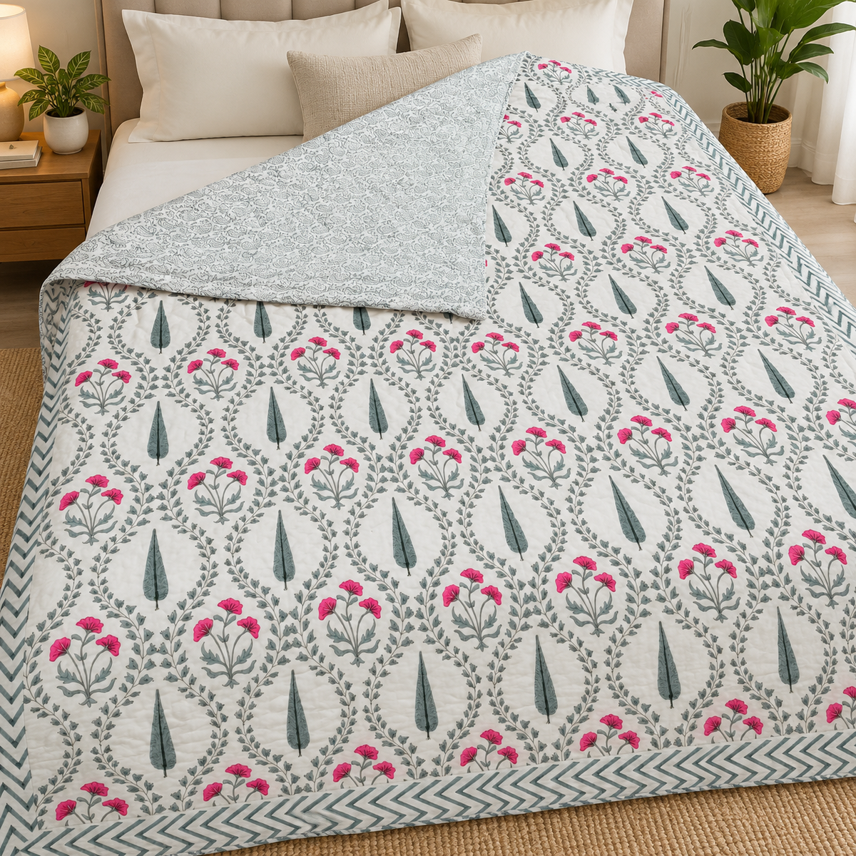 Chand Mahal Elegant Pink & Green Floral Printed Double Bed Pure Mul Mul Cotton AC Quilt