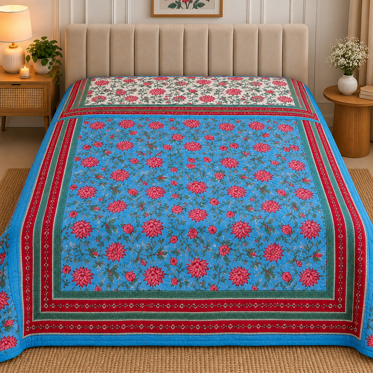Chand Mahal Elegant Aqua Blue & Red Floral Printed Double Bed Pure Mul Mul Cotton AC Quilt