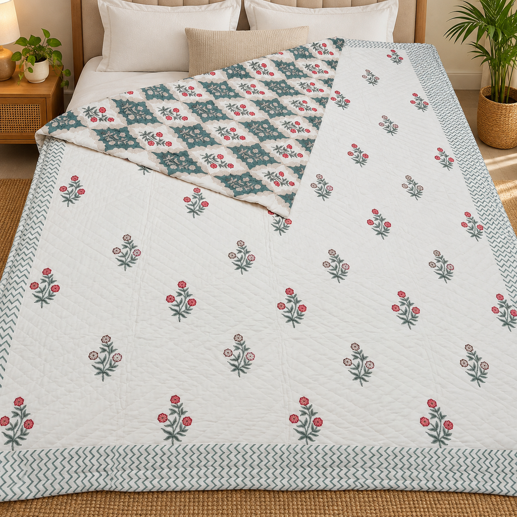 Chand Mahal Elegant White & Green Floral Printed Double Bed Pure Mul Mul Cotton AC Quilt