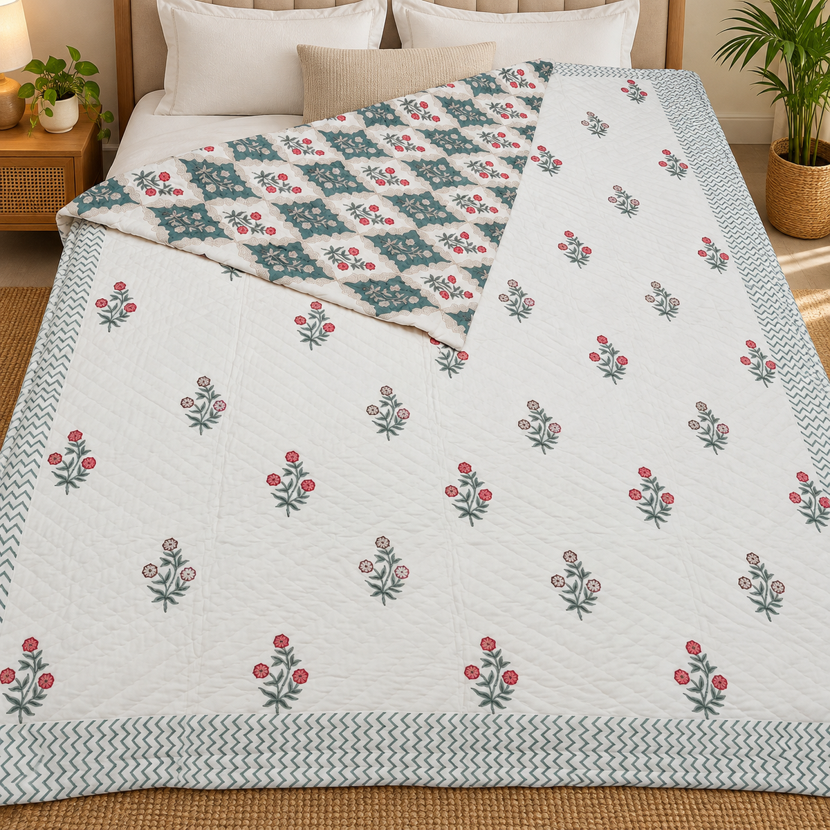 Chand Mahal Elegant White & Green Floral Printed Double Bed Pure Mul Mul Cotton AC Quilt