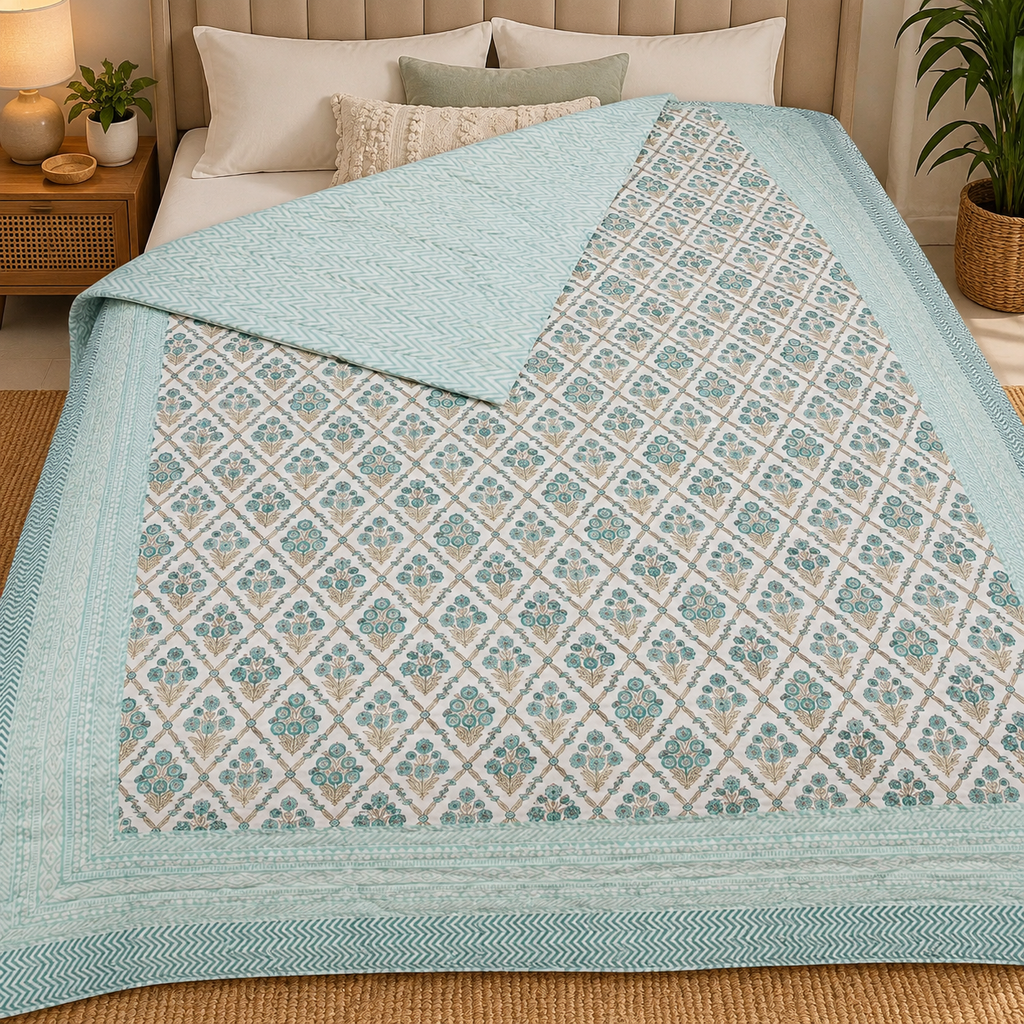 Chand Mahal Elegant Ivory & Aqua Blue Floral Printed Double Bed Pure Mul Mul Cotton AC Quilt
