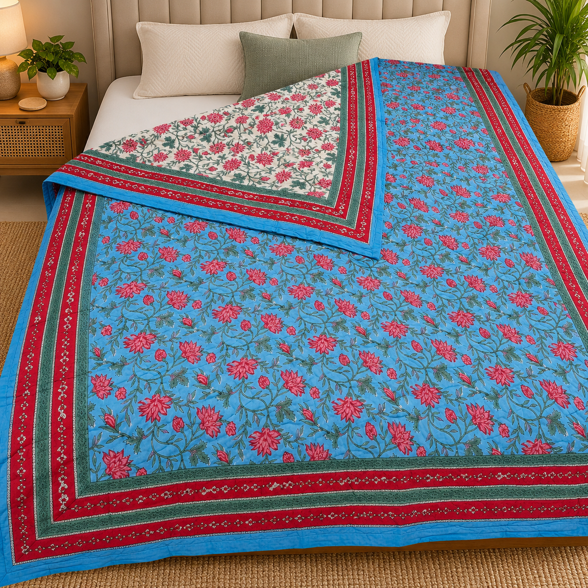 Chand Mahal Elegant Aqua Blue & Red Floral Printed Double Bed Pure Mul Mul Cotton AC Quilt