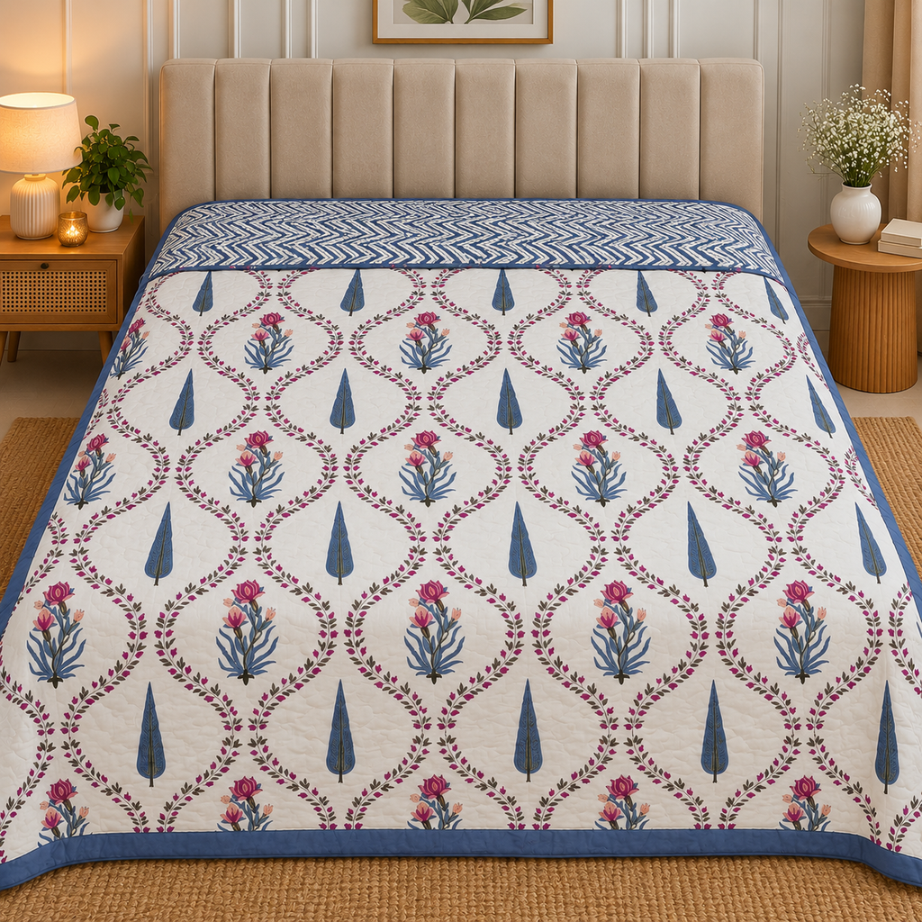 Chand Mahal Elegant Ivory & Royal Blue Floral Printed Double Bed Pure Mul Mul Cotton AC Quilt