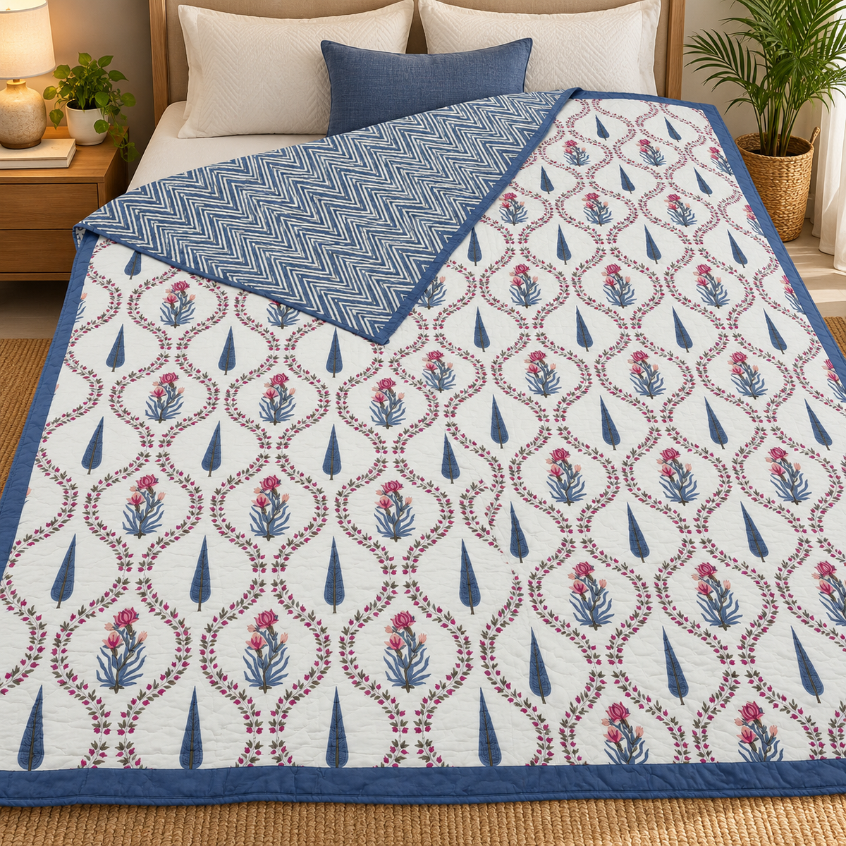 Chand Mahal Elegant Ivory & Royal Blue Floral Printed Double Bed Pure Mul Mul Cotton AC Quilt