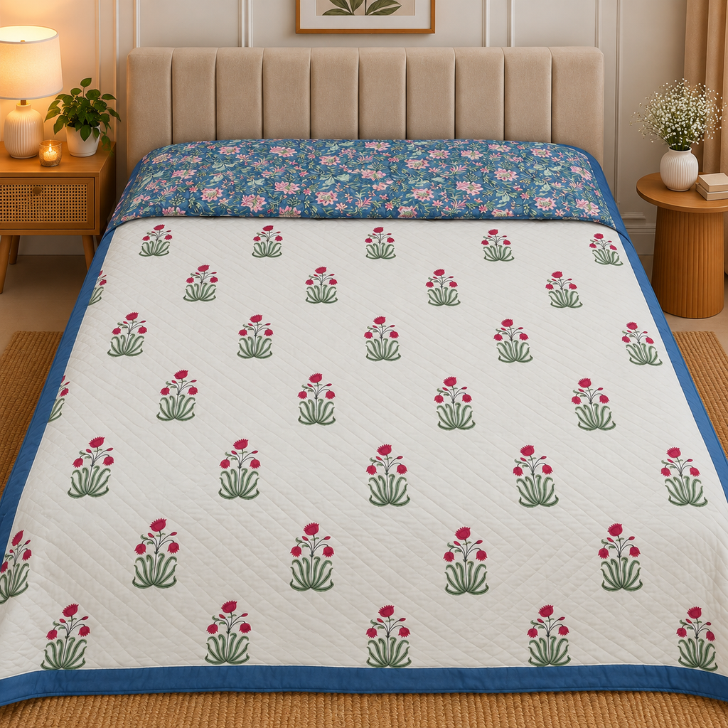 Chand Mahal Elegant White & Blue Floral Printed Double Bed Pure Mul Mul Cotton AC Quilt