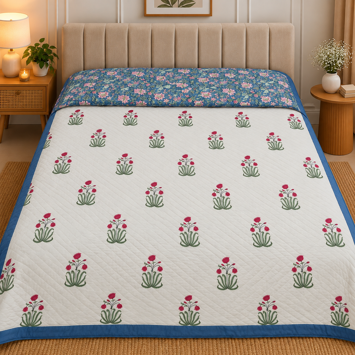 Chand Mahal Elegant White & Blue Floral Printed Double Bed Pure Mul Mul Cotton AC Quilt