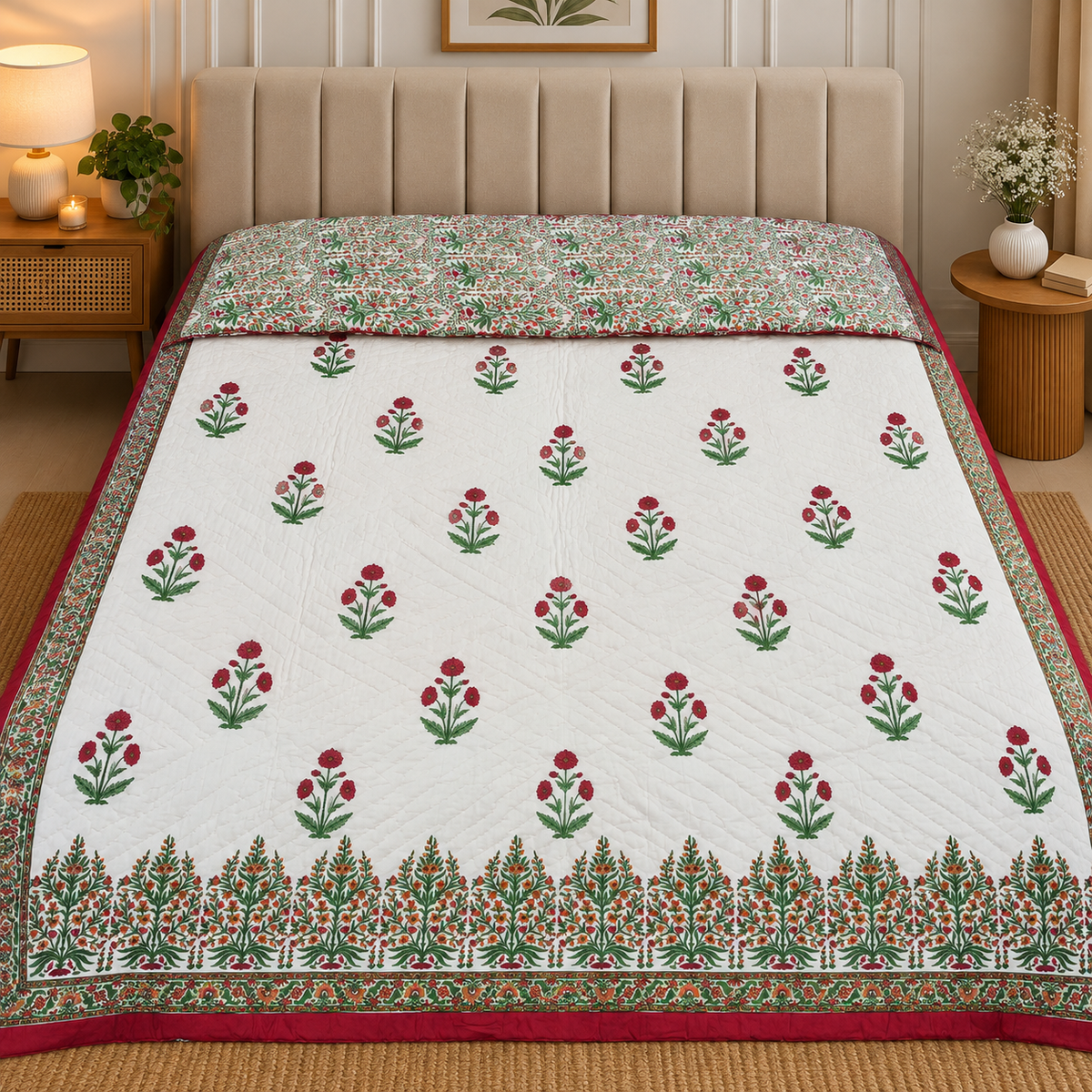 Chand Mahal Elegant Ivory & Red Floral Printed Double Bed Pure Mul Mul Cotton AC Quilt