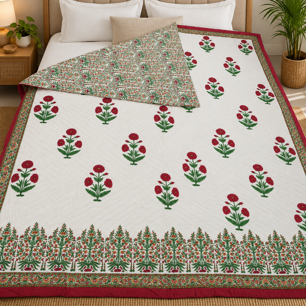 Chand Mahal Elegant Ivory & Red Floral Printed Double Bed Pure Mul Mul Cotton AC Quilt