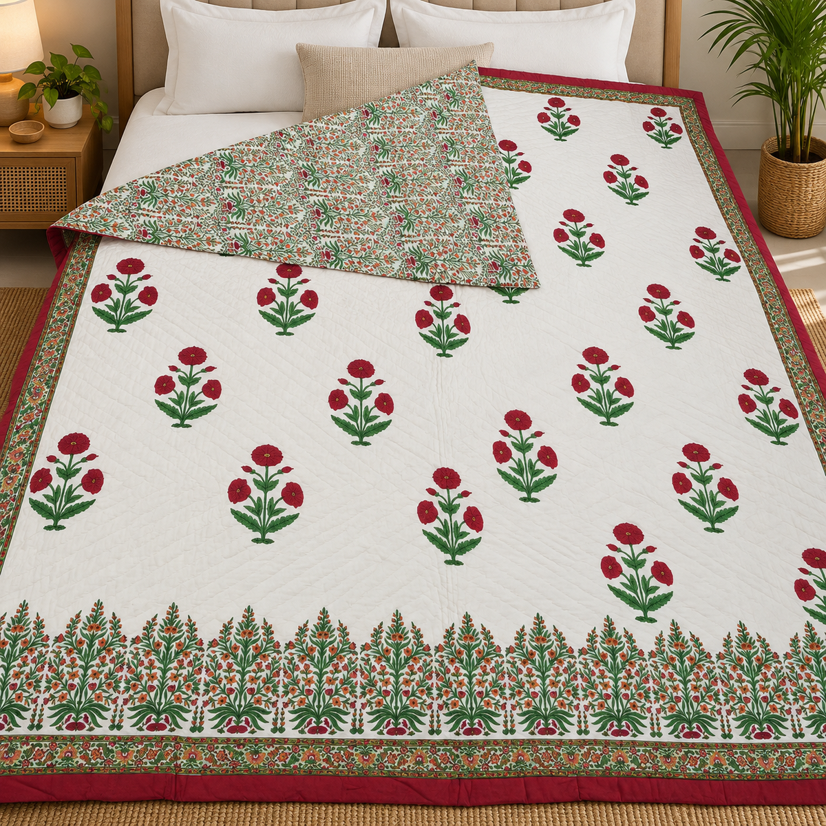 Chand Mahal Elegant Ivory & Red Floral Printed Double Bed Pure Mul Mul Cotton AC Quilt