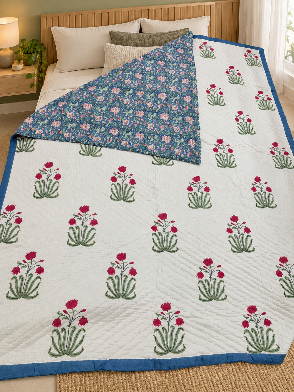 Chand Mahal Elegant White & Blue Floral Printed Double Bed Pure Mul Mul Cotton AC Quilt
