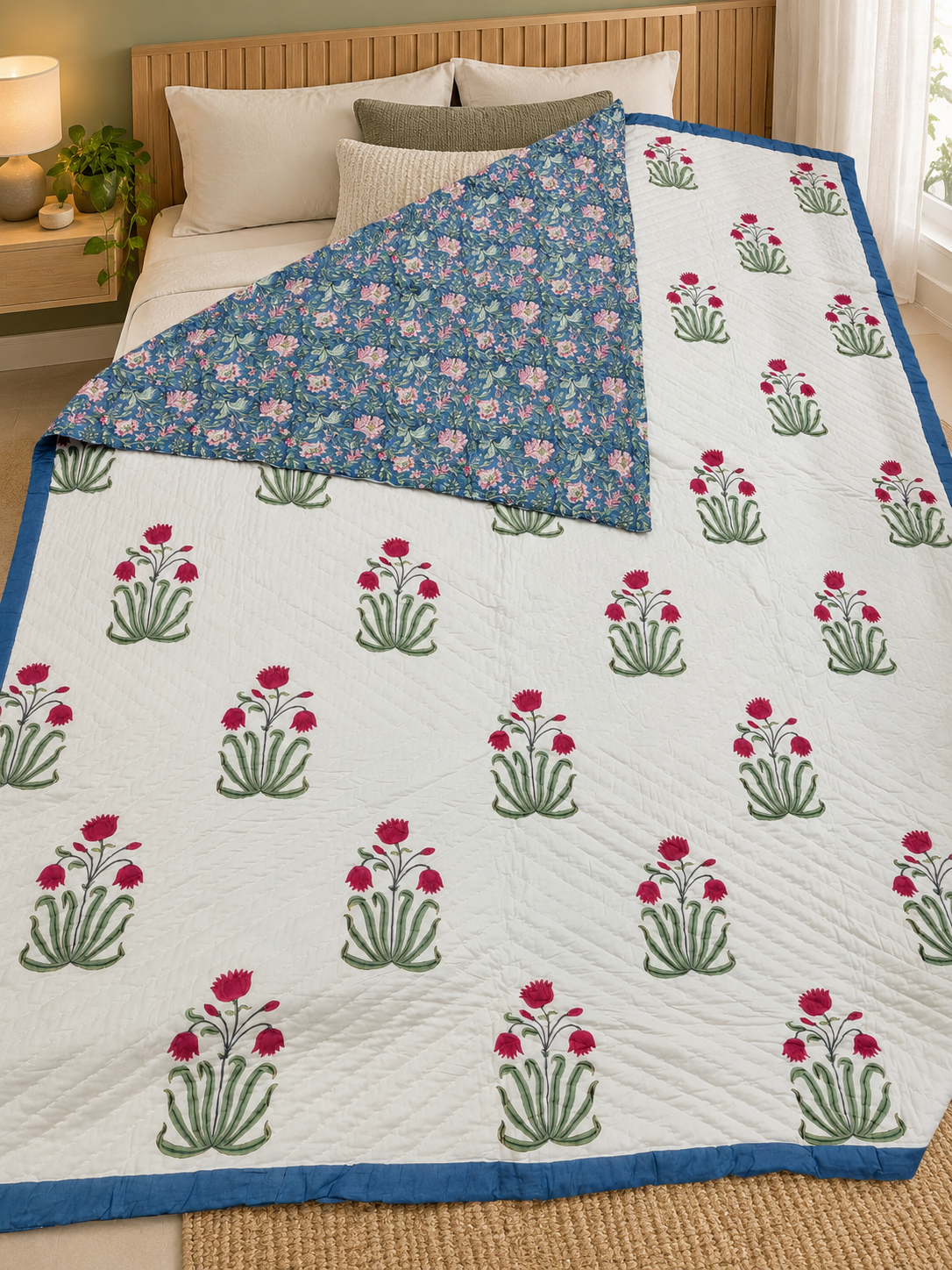 Chand Mahal Elegant White & Blue Floral Printed Double Bed Pure Mul Mul Cotton AC Quilt