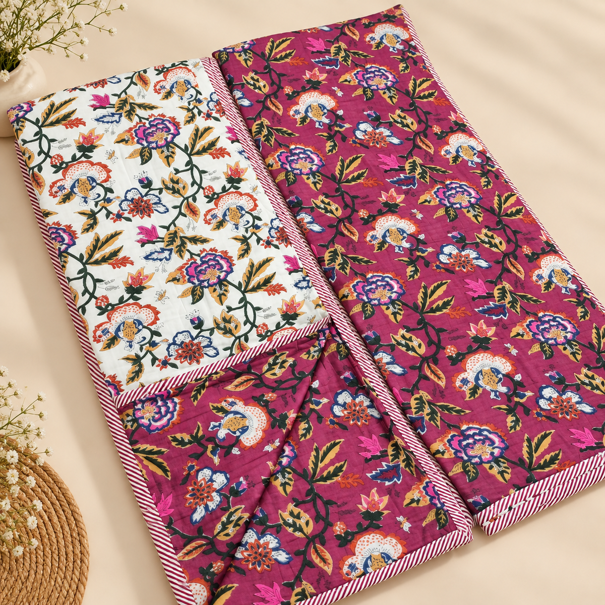 Tulip Elegant Magenta & White Floral Block Printed Single Bed Pure Mul Cotton AC Quilt