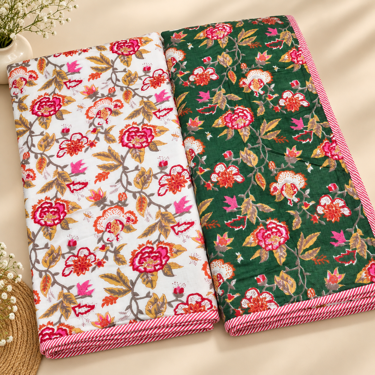 Tulip Elegant White & Forest Green Floral Block Printed Single Bed Pure Mul Cotton AC Quilt