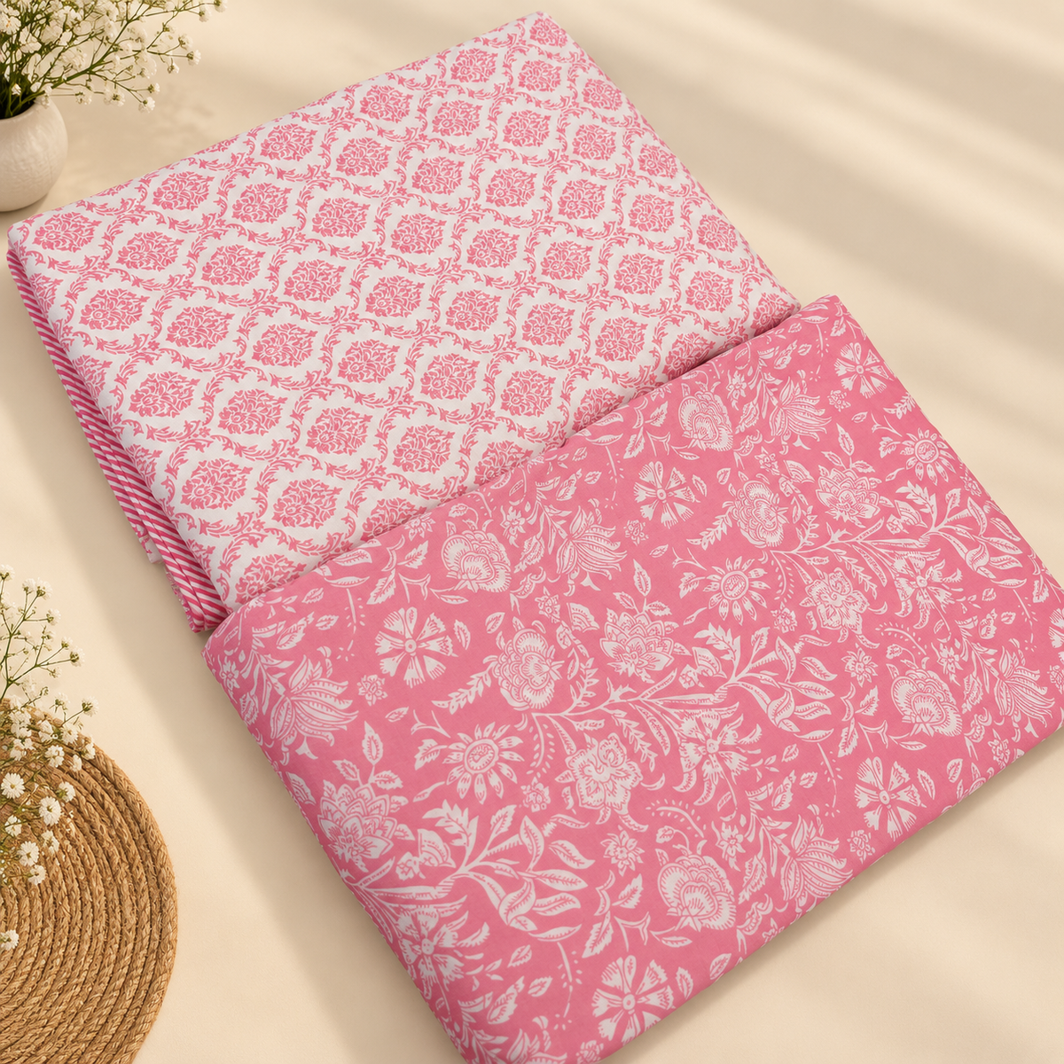 Tulip Elegant Pink & White Floral Block Printed Single Bed Pure Mul Cotton AC Quilt
