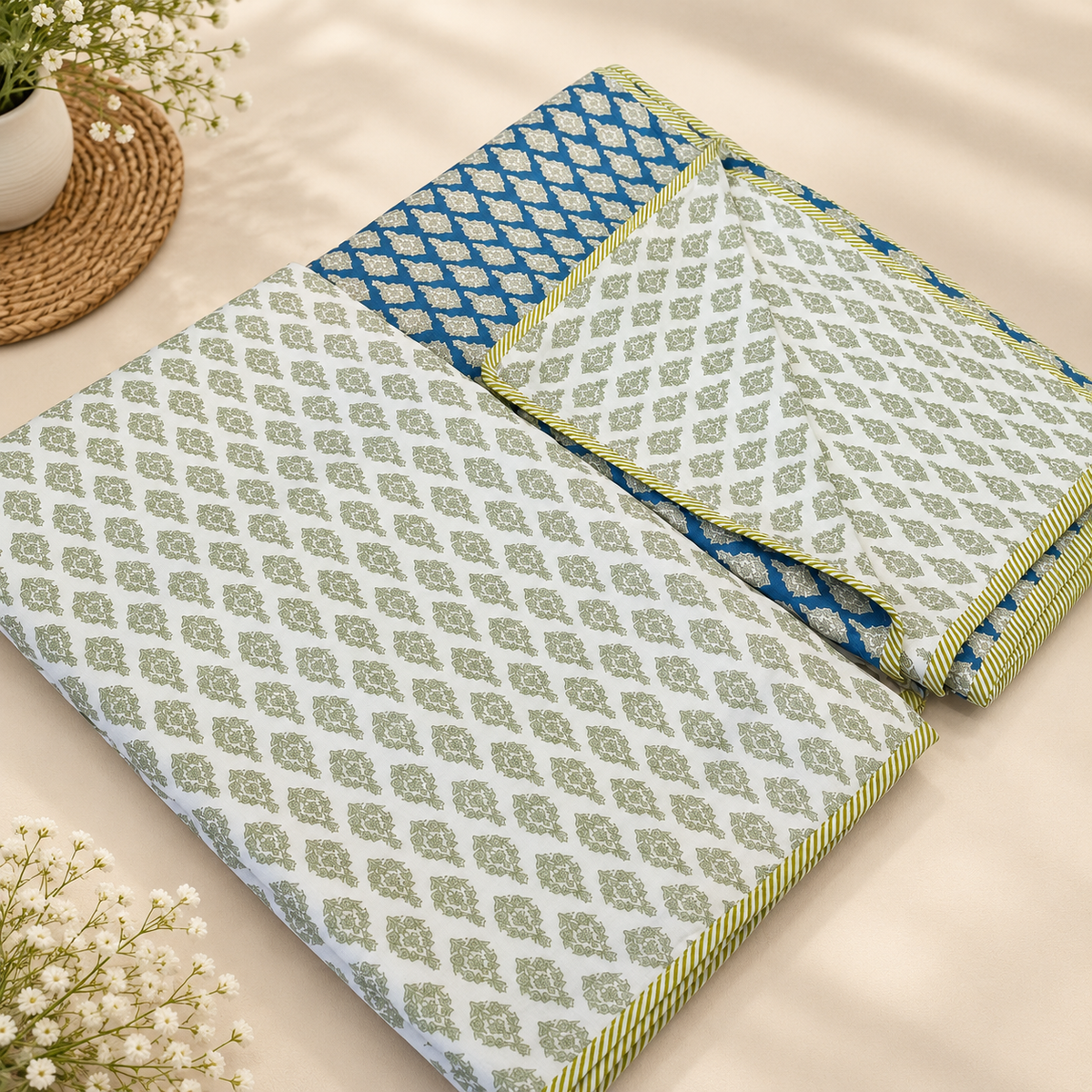 Tulip Sage Green & Royal Blue Block Printed Single Bed Pure Mul Cotton AC Quilt