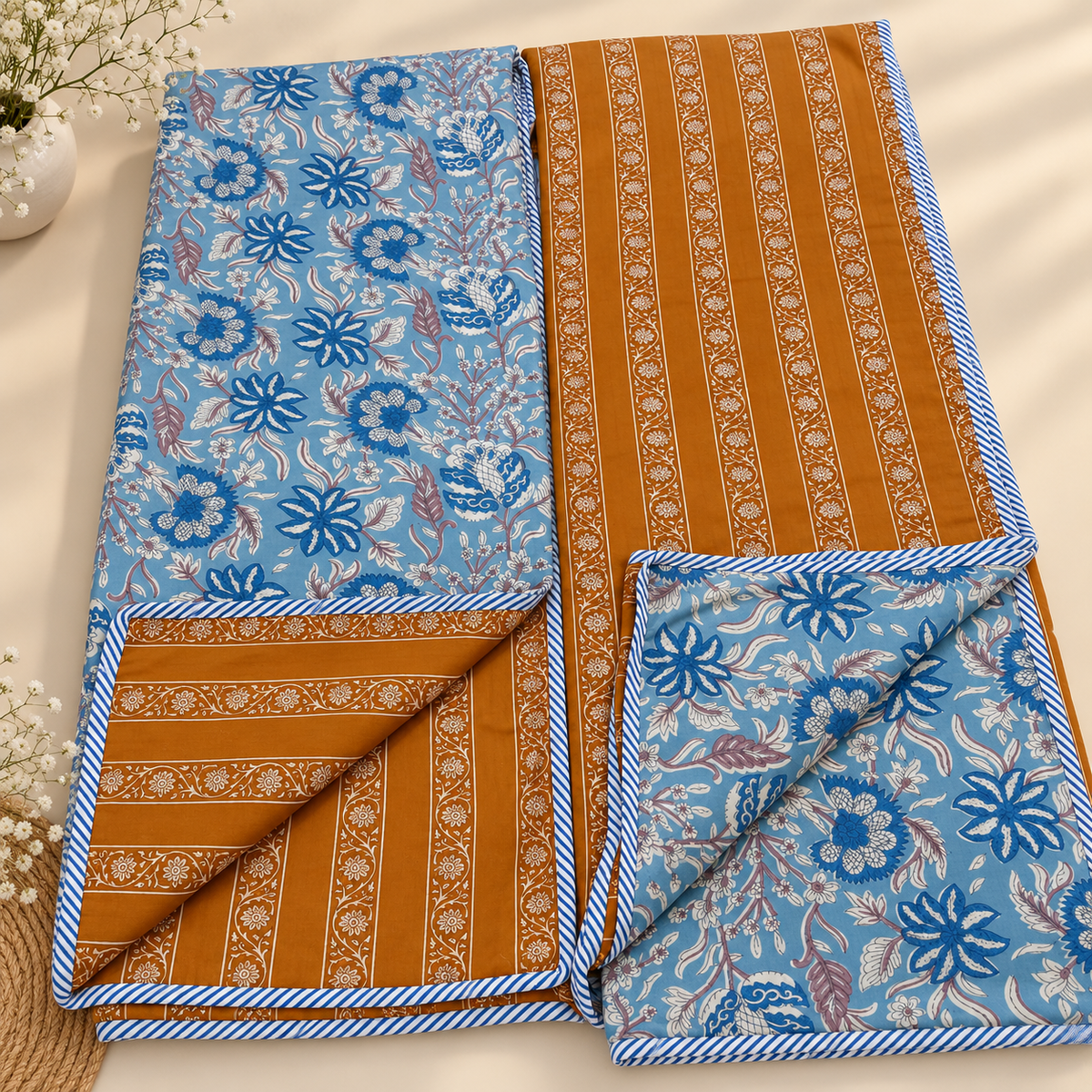 Tulip Mustard Yellow & Sky Blue Floral Handblock Printed Single Bed Pure Mul Cotton AC Quilt