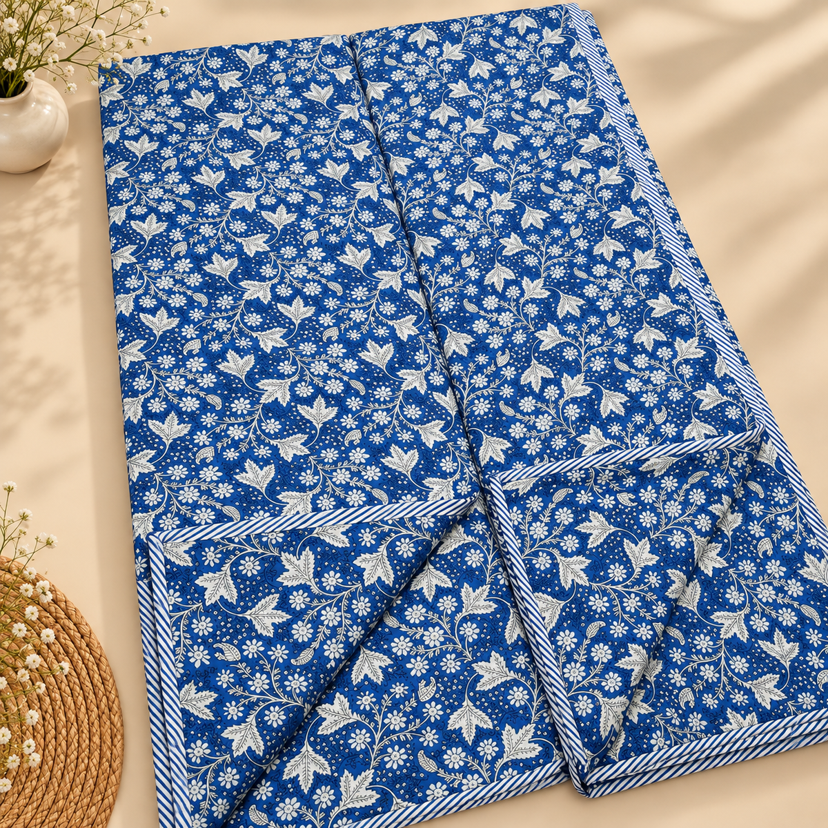 Tulip Royal Blue & White Floral Handblock Printed Single Bed Pure Mul Cotton AC Quilt