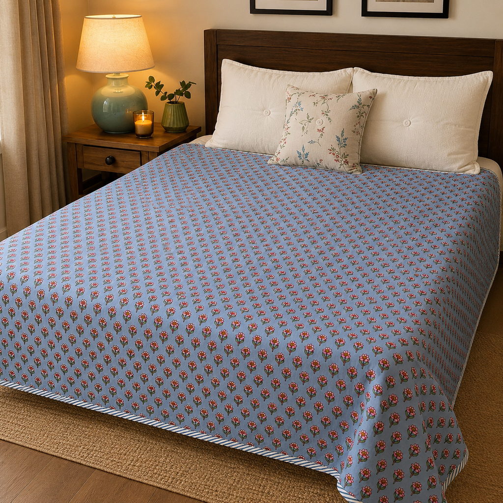 Rangoli Sky Blue Floral Handblock Printed Double Dohar