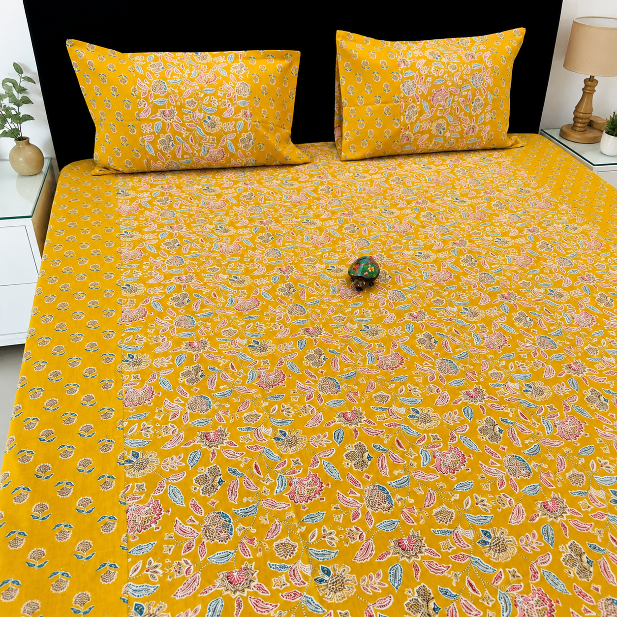 Ajrak Golden Heritage Floral Printed King Size Bedsheet