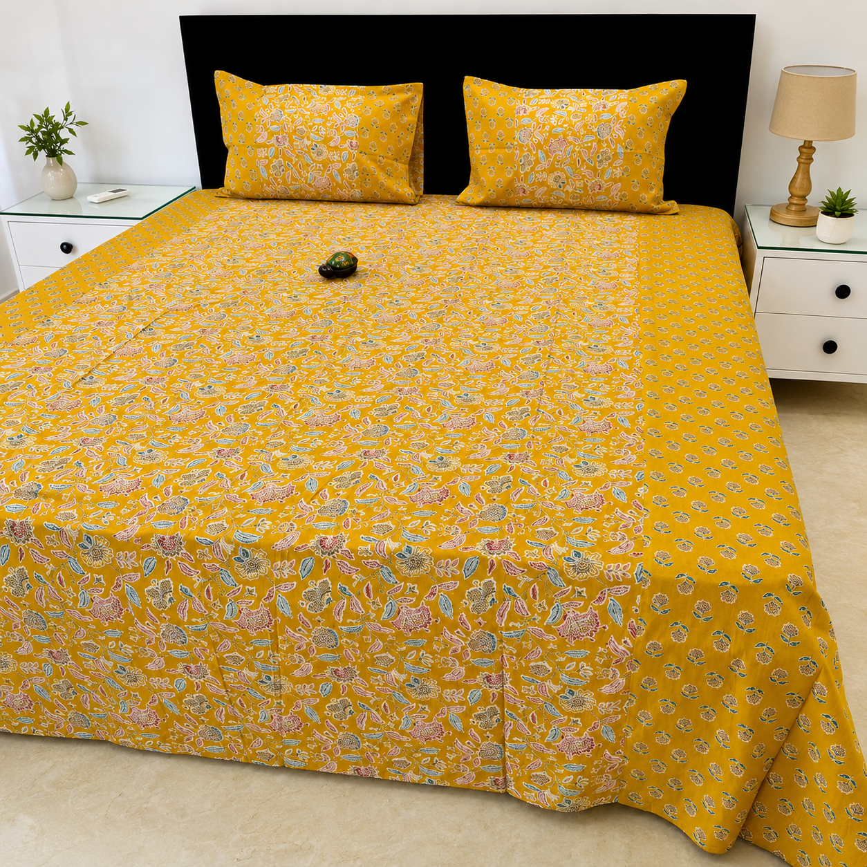 Ajrak Golden Heritage Floral Printed King Size Bedsheet