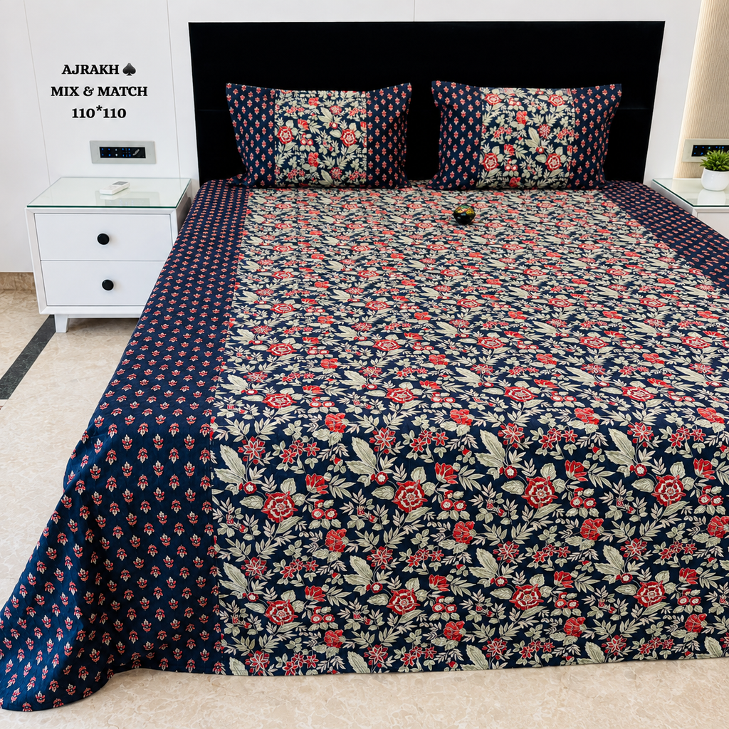 Ajrak Royal Navy Floral Printed King Size Bedsheet