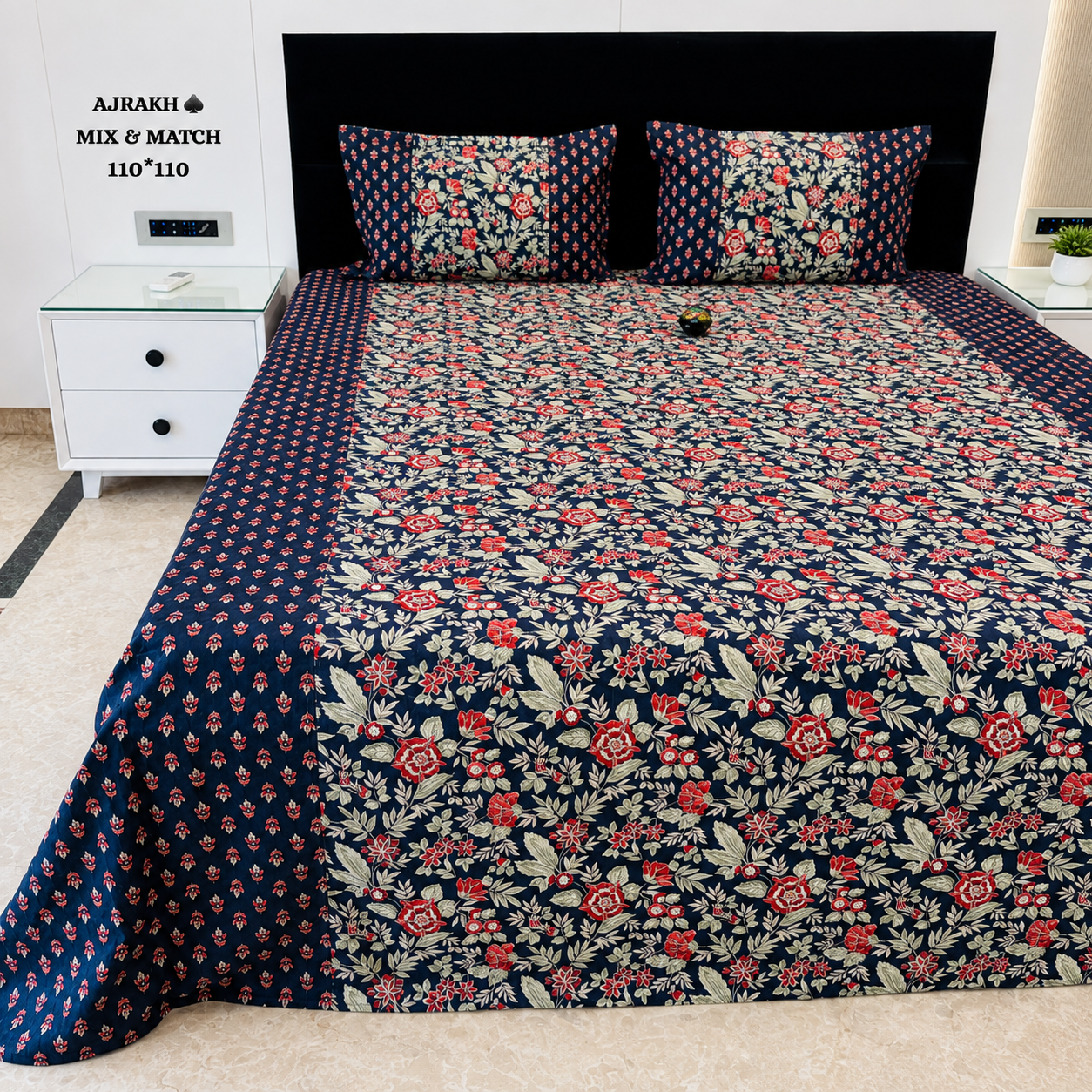 Ajrak Royal Navy Floral Printed King Size Bedsheet