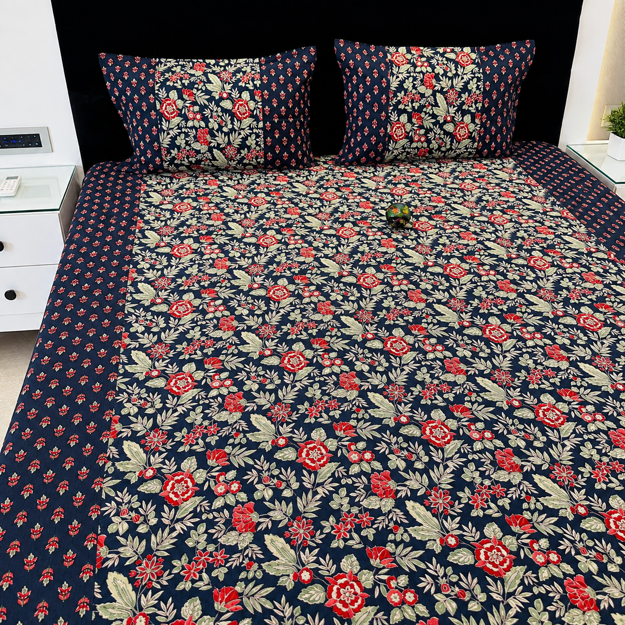 Ajrak Royal Navy Floral Printed King Size Bedsheet