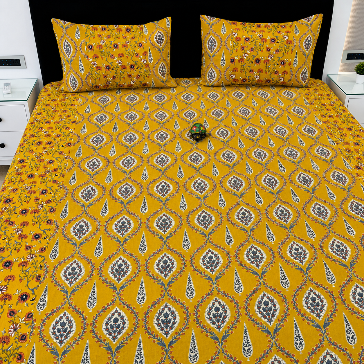 Ajrak Mustard Heritage Floral Printed King Size Bedsheet