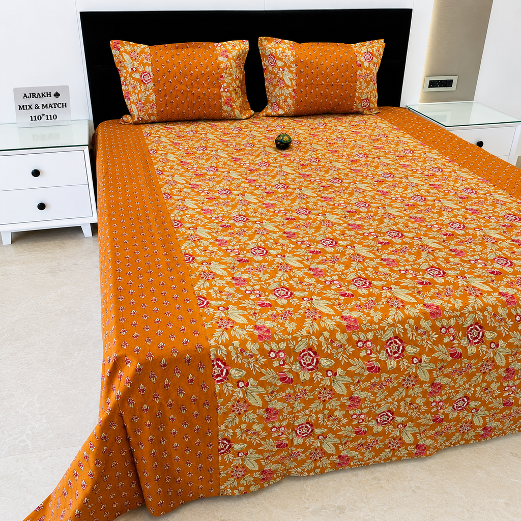 Ajrak Royal Orange Floral Printed King Size Bedsheet