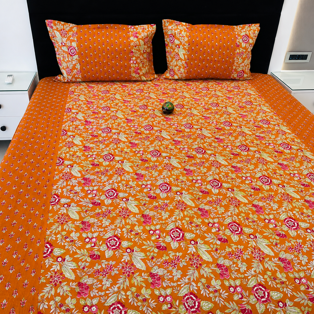 Ajrak Royal Orange Floral Printed King Size Bedsheet