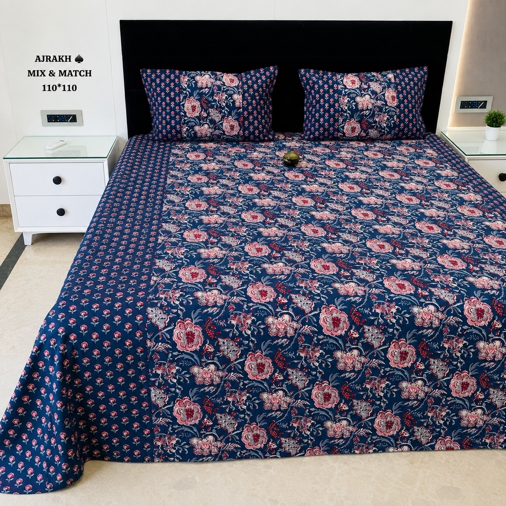 Ajrak Royal Navy Floral Elegance King Size Bedsheet