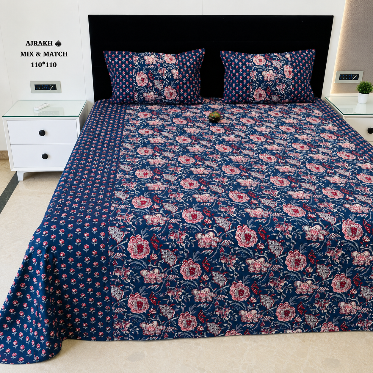 Ajrak Royal Navy Floral Elegance King Size Bedsheet