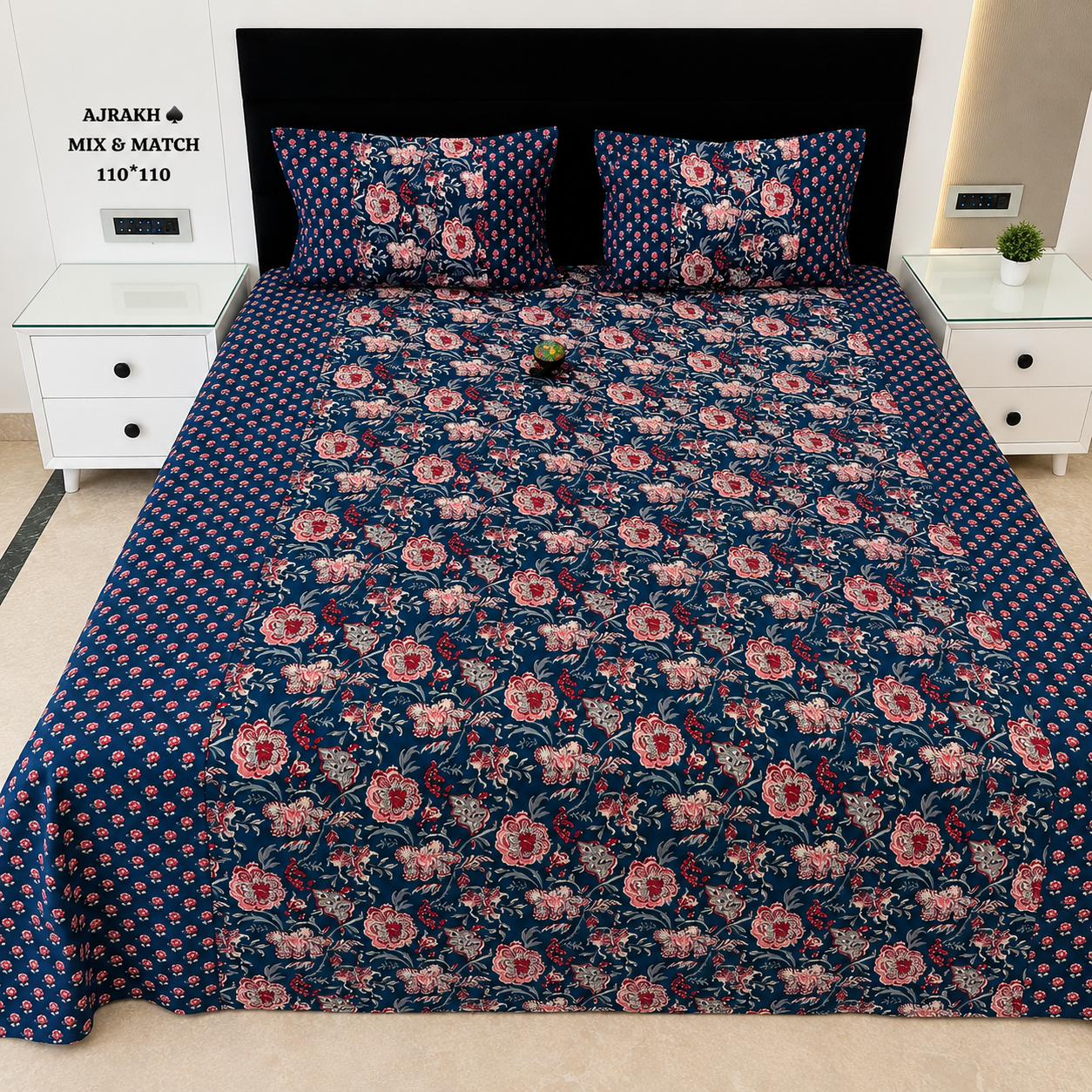 Ajrak Royal Navy Floral Elegance King Size Bedsheet